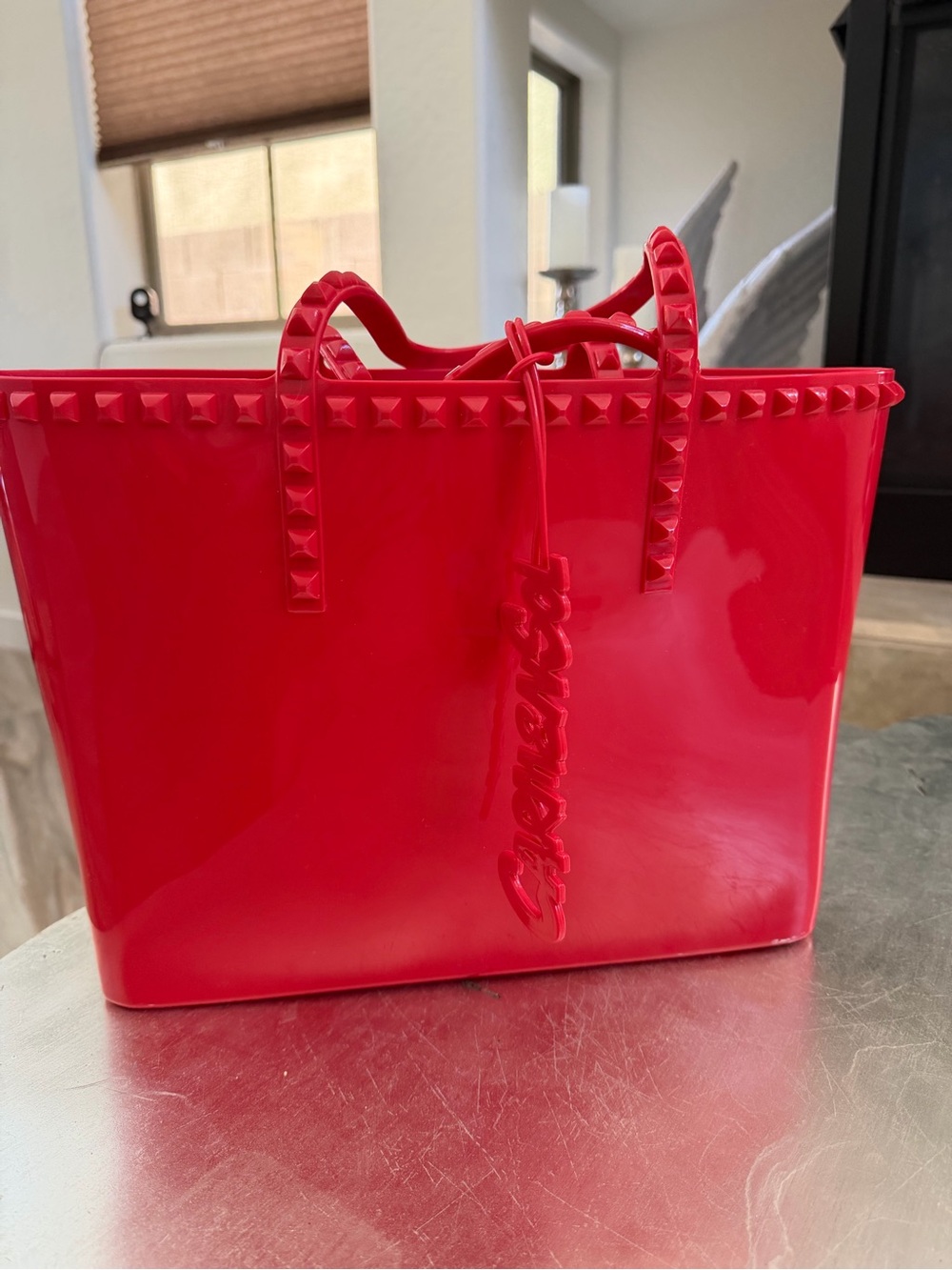 Carmen Sol Large Red Studded Tote Bag with Charm - LIKE NEW